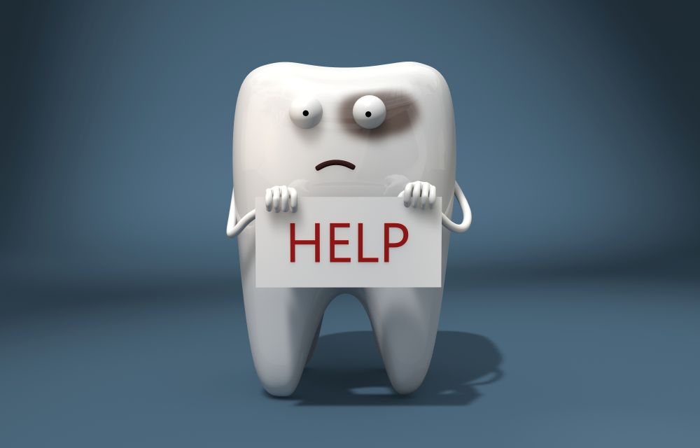 An AI image of a tooth holding a help sign